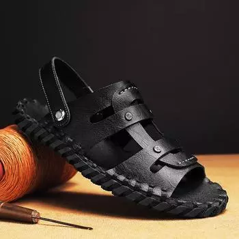 Модные мужские легкие нескользящие дорожные тапочки лето 2024 года на открытом воздухе на плоской подошве дизайнерские повседневные кожаные нескользящие пляжные сандалии без застежек 39 чёрный