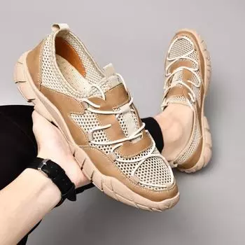 Модные мужские летающие сетчатые модные повседневные кожаные туфли новые сандалии мужские модные летние уличные дышащие пляжные сандалии 37-47 37 бежевый