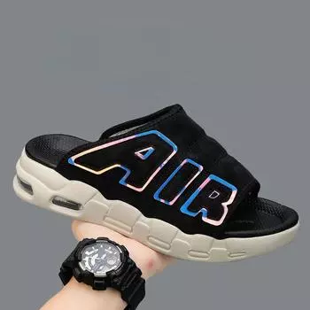 Модные мужские летние сандалии с граффити на толстой подошве, универсальные пляжные нескользящие туфли, дышащие мужские дизайнерские тапочки с открытым носком 39 чёрный