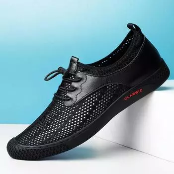 Модные мужские мокасины большого размера, туфли на плоской подошве, тапочки, мужские мокасины без застежек, модные летние дышащие полые мягкие мужские мокасины 38 чёрный