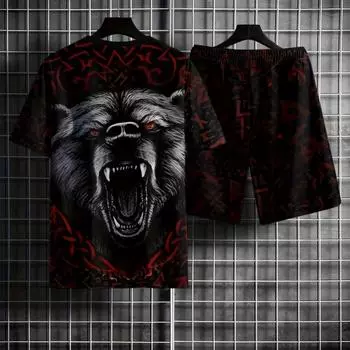 Модные мужские наряды с медвежьим узором из 2 предметов, повседневная футболка с круглым вырезом с короткими рукавами и шорты на шнурке на лето, мужская одежда для тренировок на отдыхе S разноцветный