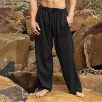 Модные мужские новые однотонные свободные повседневные брюки из хлопка и льна на завязках S белый