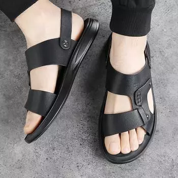 Модные мужские пляжные сандалии повседневные кожаные дышащие пляжные сандалии мужские уличные мягкие большие размеры 38-48 летняя обувь модные тапочки 38 чёрный