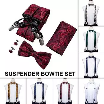 Модные мужские подтяжки с галстуком-бабочкой и 6 клипсами Пейсли, регулируемый эластичный ремень шириной 3,5 см, красные подтяжки, комплект шелковых галстуков BD-2001