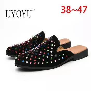 Модные мужские полулоферы из натуральной кожи с заклепками, дышащие мужские уличные мюли, легкие туфли с пряжкой, повседневная обувь 38