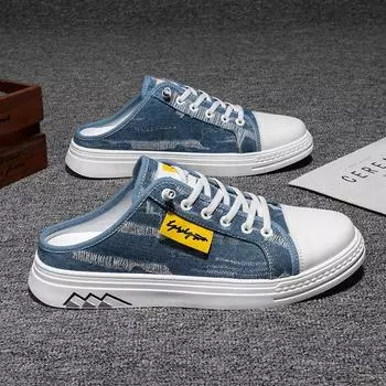 Модные мужские полутапочки, летние дышащие парусиновые тапочки, повседневные ленивые туфли для мужчин на платформе, вулканизированные туфли, дизайнерские мокасины 39 синий