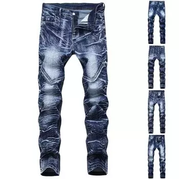 Модные мужские повседневные эластичные плиссированные джинсы, облегающие джинсовые брюки XXXXL