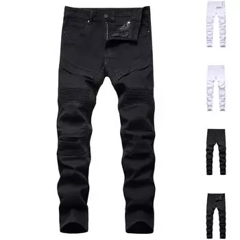Модные мужские повседневные эластичные плиссированные джинсы, облегающие джинсовые брюки S чёрный