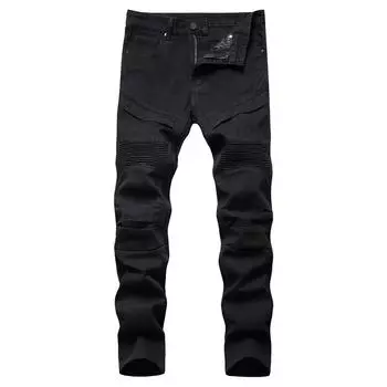 Модные мужские повседневные эластичные плиссированные джинсы, облегающие джинсовые брюки S чёрный