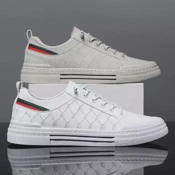 Модные мужские повседневные белые кожаные кроссовки 2023 года — дышащая, универсальная, плоская спортивная обувь для весны и лета 42 белый