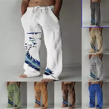 Модные мужские повседневные брюки новые свободные повседневные брюки из хлопка и льна с цветным принтом перьев на завязках S светло-серый