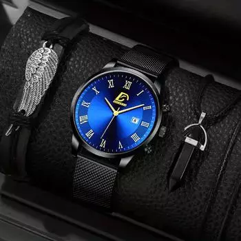 Модные мужские повседневные часы, деловой человек, сетчатый ремешок, часы из нержавеющей стали, мужские кварцевые наручные часы, браслет, комплект ожерелья чёрный