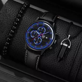 Модные мужские повседневные часы, мужские аналоговые наручные часы из искусственной кожи, мужские спортивные кварцевые часы, браслет, ожерелье, набор, часы с датой синий/золотистый