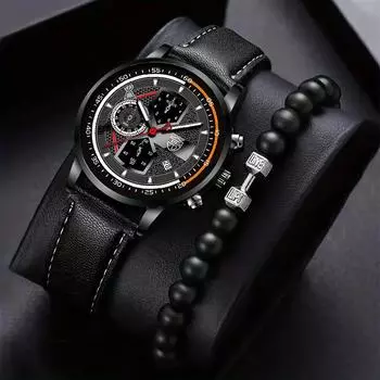 Модные мужские повседневные часы, мужские аналоговые наручные часы из искусственной кожи, мужские деловые кварцевые часы, набор браслетов, мужские часы с датой синий/ярко-розовый