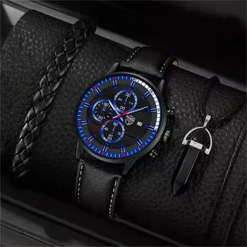 Модные мужские повседневные часы, мужские аналоговые наручные часы из искусственной кожи, мужские кварцевые часы, браслет, ожерелье, набор, мужские часы с датой синий/серебряный