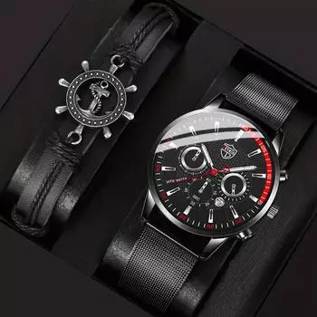 Модные мужские повседневные часы, мужские часы из нержавеющей стали с сетчатым ремнем, мужские кварцевые наручные часы, набор браслетов, мужские часы с датой чёрный/серебряный