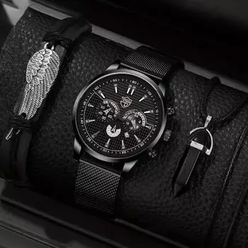 Модные мужские повседневные часы, мужские часы из нержавеющей стали с сетчатым ремешком, деловые мужские наручные часы, браслет и ожерелье красный