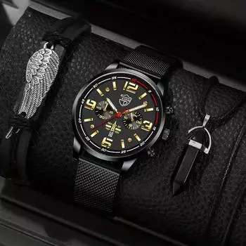 Модные мужские повседневные часы, мужские часы из нержавеющей стали с сетчатым ремешком, мужские кварцевые наручные часы с браслетом и ожерельем, набор мужских часов с датой серебряный