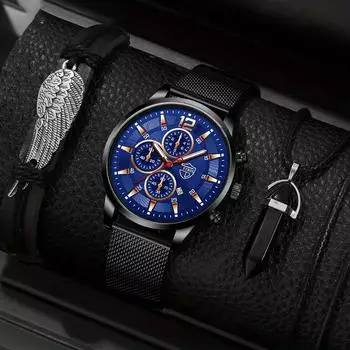 Модные мужские повседневные часы, мужские часы из нержавеющей стали с сетчатым ремешком, мужские кварцевые наручные часы, браслет, комплект ожерелья синий