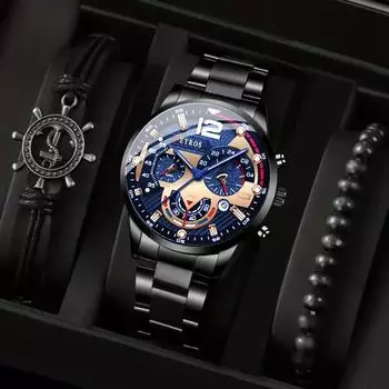 Модные мужские повседневные часы мужские часы из нержавеющей стали мужские кварцевые наручные часы браслеты набор мужские часы с датой серебряный