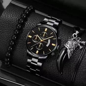 Модные мужские повседневные часы, мужские часы с круглым циферблатом из нержавеющей стали, деловой человек, кварцевые наручные часы, браслет, набор на шею чёрный/ярко-розовый