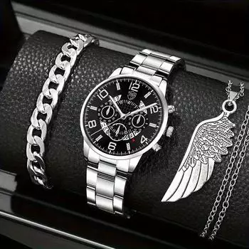 Модные мужские повседневные часы мужские часы с календарем из нержавеющей стали мужские кварцевые наручные часы браслет ожерелье набор часов с датой