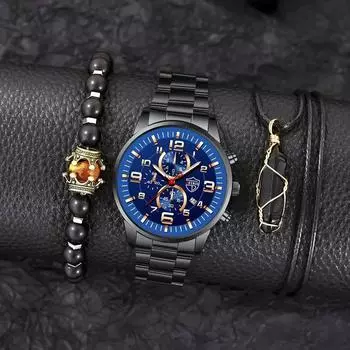 Модные мужские повседневные часы, мужские часы с ремешком из нержавеющей стали, деловые мужские кварцевые наручные часы, браслет, ожерелье, набор, часы с датой синий