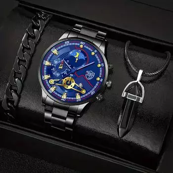 Модные мужские повседневные часы мужские круглые часы из нержавеющей стали кварцевые наручные часы браслет ожерелье набор дата часы чёрный/синий
