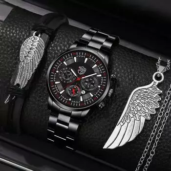 Модные мужские повседневные часы мужские круглые указатели из нержавеющей стали мужские кварцевые наручные часы браслет ожерелье набор дата часы чёрный