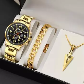 Модные мужские повседневные часы мужские круглые указатели из нержавеющей стали ремешок часы мужские кварцевые наручные часы браслет ожерелье комплект серебряный