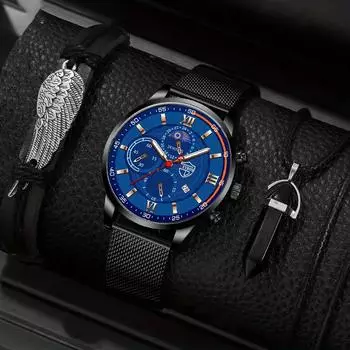 Модные мужские повседневные часы, мужские кварцевые часы с сетчатым ремешком, наручные часы с календарем для деловых людей, браслет, часы с датой чёрный