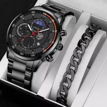 Модные мужские повседневные часы, мужские кварцевые наручные часы с круглым циферблатом из нержавеющей стали, мужские часы с датой, набор браслетов золотистый/чёрный