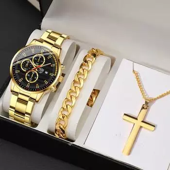 Модные мужские повседневные часы, мужские наручные часы с ремешком из нержавеющей стали, мужские кварцевые часы, мужские часы с датой, браслет и ожерелье чёрный/золотистый