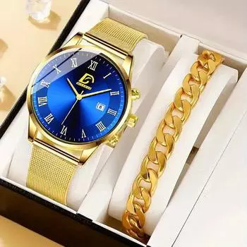 Модные мужские повседневные часы, мужские наручные часы из нержавеющей стали с сетчатым ремешком, мужские кварцевые часы, набор браслетов, мужские часы с датой чёрный/серебряный