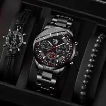 Модные мужские повседневные часы, мужские наручные часы из нержавеющей стали, деловые мужские кварцевые часы, браслеты, набор часов с датой чёрный