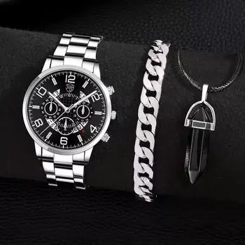 Модные мужские повседневные часы Мужские наручные часы из нержавеющей стали Деловой человек Кварцевые часы Браслет Ожерелье Набор Мужские часы с датой серебряный