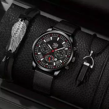 Модные мужские повседневные часы, мужские наручные часы с круглым циферблатом из нержавеющей стали, мужские кварцевые часы, браслет, комплект ожерелья чёрный