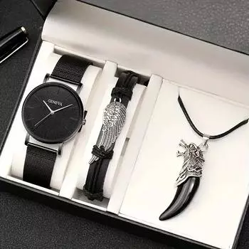 Модные мужские повседневные часы, мужские ультратонкие сетчатые кварцевые часы, мужские наручные часы, браслет, комплект ожерелья