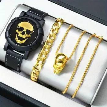 Модные мужские повседневные часы с 3D черепом, аналоговые наручные часы из искусственной кожи, браслет и ожерелье, мужские часы с датой серебряный