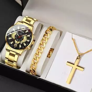 Модные мужские повседневные часы с календарем для деловых людей, круглые часы-указатели, мужские кварцевые наручные часы, браслет, комплект ожерелья чёрный