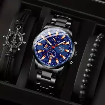 Модные мужские повседневные часы, спортивные мужские часы с календарем, круглые часы-указатели, мужские кварцевые наручные часы, набор браслетов с датой серебряный