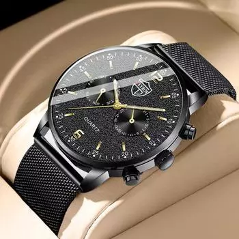 Модные мужские повседневные деловые черные часы. Мужские кварцевые часы с календарем. Роскошные ультратонкие стальные сетчатые ремешки. Наручные часы с датой. Мужские спортивные наручные часы.