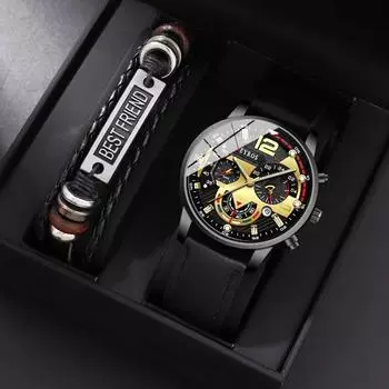 Модные мужские повседневные деловые кварцевые наручные часы с кожаным ремешком из искусственной кожи и браслет, идеальный выбор для подарков