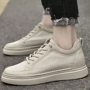 Модные мужские повседневные кожаные туфли из сетчатой ткани, дышащие, на шнуровке, удобные оксфорды, размер 47 36 бежевый