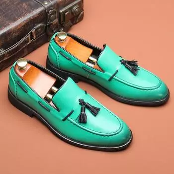 Модные мужские повседневные кожаные туфли, мужские классические британские туфли с кисточками, мокасины, мужские туфли на плоской подошве для вечеринок и свадеб 38 (US 6) зелёный