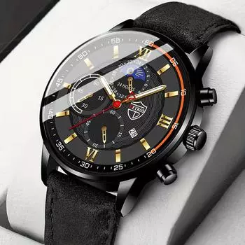 Модные мужские повседневные кварцевые часы с календарем, спортивные аналоговые наручные часы из искусственной кожи с коробкой, мужские подарки