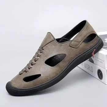 Модные мужские повседневные сандалии на плоской подошве в британском стиле с круглым носком, противоскользящие, легкие, модные, дышащие, летние сандалии 38 хаки