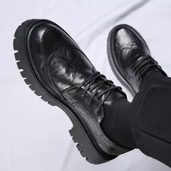 Модные мужские повседневные туфли из натуральной кожи, роскошные брендовые повседневные туфли из натуральной кожи в английском стиле на толстой подошве, модные деловые туфли на шнуровке 38 чёрный