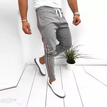 Модные мужские повседневные универсальные брюки со средней талией и полосатыми лентами по бокам S серый