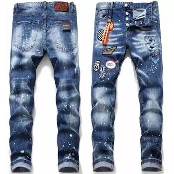 Модные мужские повседневные узкие джинсы с вышивкой и нашивками, эластичные и рваные брюки 28 синий